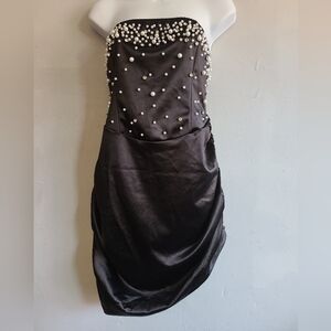 Women's 2X 3X black strapless mini dress ruched asymmetrical pearl & gem top